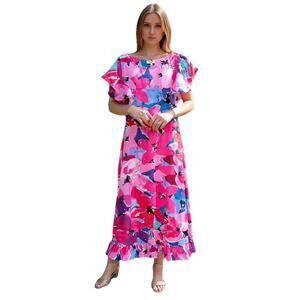 Umgee USA Flutter Sleeve Floral Pink Open Back Fairy Midi Dress Size SMALL